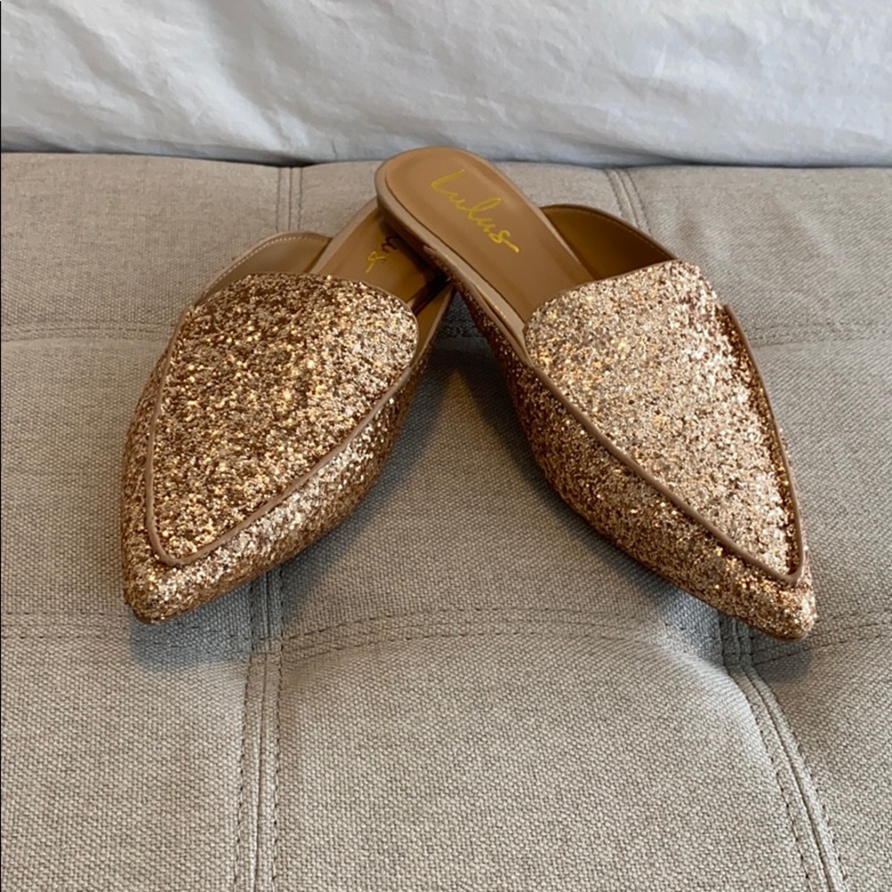 Lulu’s Rose Gold Glitter Point Toe Loafer Slides